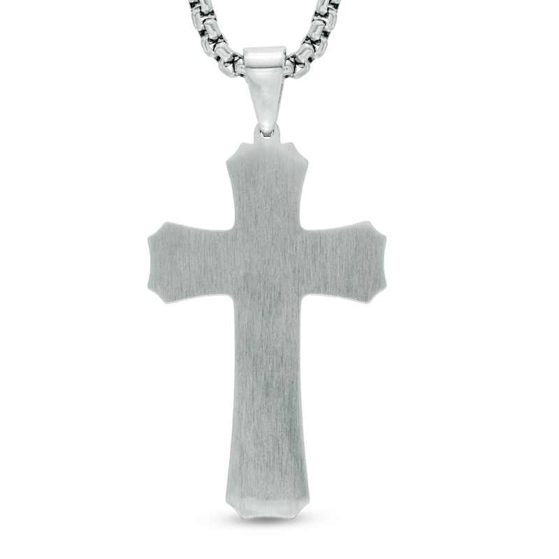 Men's Carbon Fiber Raised Cross Pendant in Stainless Steel - 24"