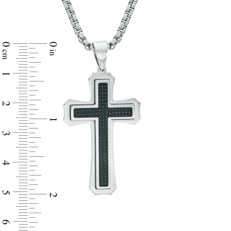 Main Image 3 of Men's Carbon Fiber Raised Cross Pendant in Stainless Steel - 24"