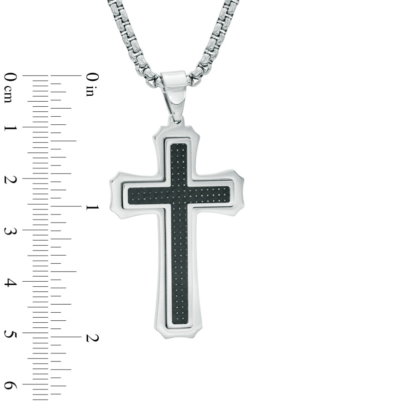 Men's Carbon Fiber Raised Cross Pendant in Stainless Steel - 24"|Peoples Jewellers