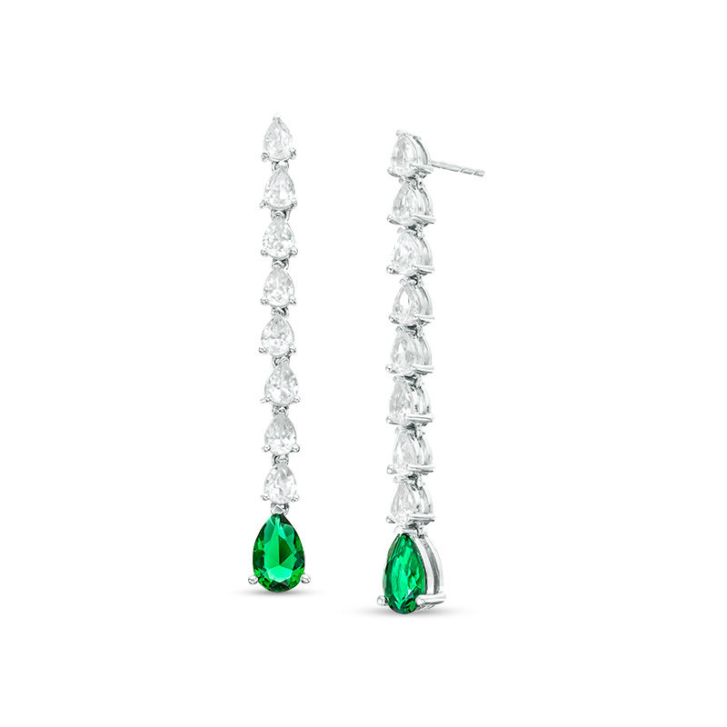 Pear-Shaped Lab-Created Emerald and White Sapphire Line Drop Earrings in Sterling Silver|Peoples Jewellers