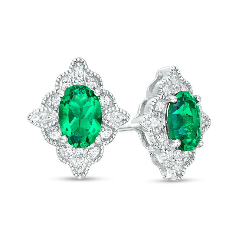 Oval Lab-Created Emerald and White Sapphire Scallop Frame Vintage-Style Stud Earrings in Sterling Silver