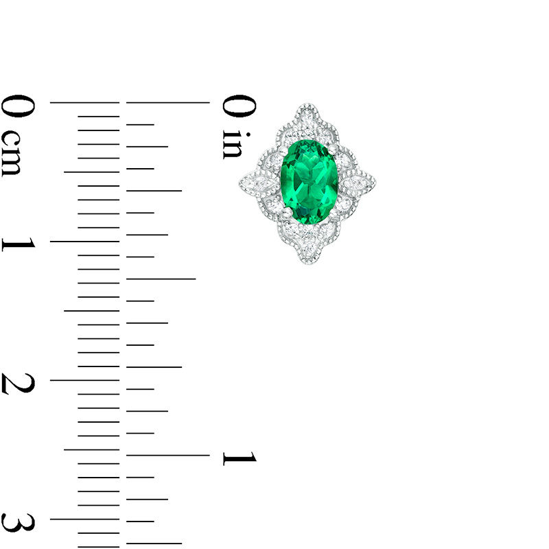 Oval Lab-Created Emerald and White Sapphire Scallop Frame Vintage-Style Stud Earrings in Sterling Silver