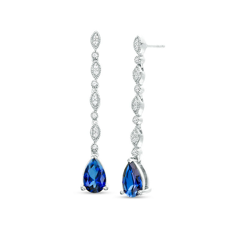 Pear-Shaped Lab-Created Blue and White Sapphire Marquise Frame Line Drop Earrings in Sterling Silver|Peoples Jewellers