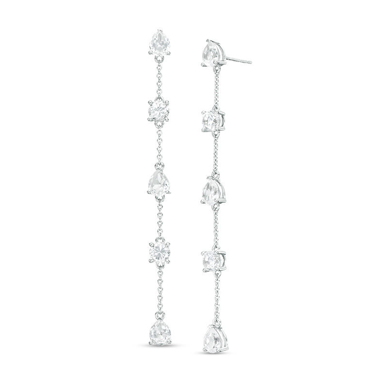 Pear-Shaped and Round Lab-Created White Sapphire Alternating Station Linear Drop Earrings in Sterling Silver|Peoples Jewellers