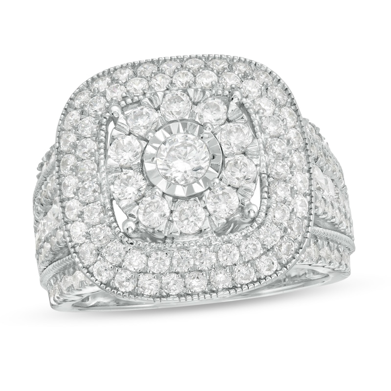 Main Image 1 of 1.95 CT. T.W. Multi-Diamond Triple Cushion Frame Split Shank Vintage-Style Ring in 10K White Gold