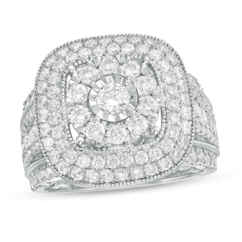 1.95 CT. T.W. Multi-Diamond Triple Cushion Frame Split Shank Vintage-Style Ring in 10K White Gold