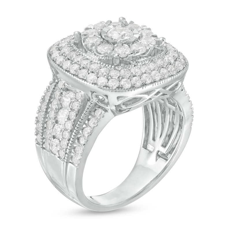 1.95 CT. T.W. Multi-Diamond Triple Cushion Frame Split Shank Vintage-Style Ring in 10K White Gold