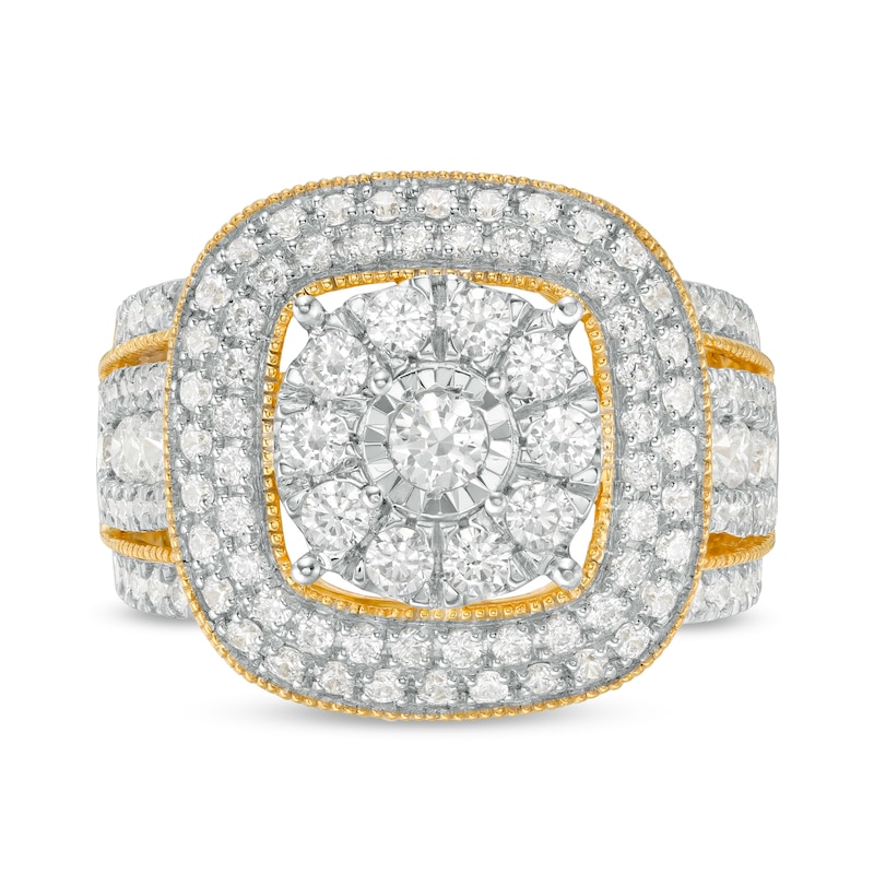 1.95 CT. T.W. Multi-Diamond Triple Cushion Frame Split Shank Vintage-Style Ring in 10K Gold