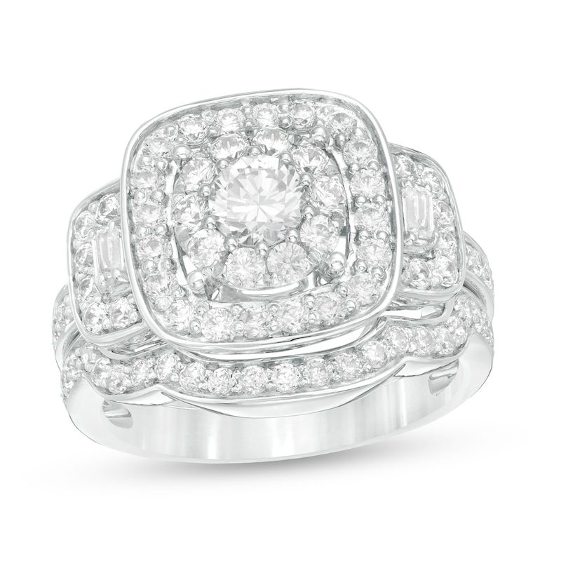 1.59 CT. T.W. Diamond Three Stone Cushion Frame Bridal Set in 10K White Gold