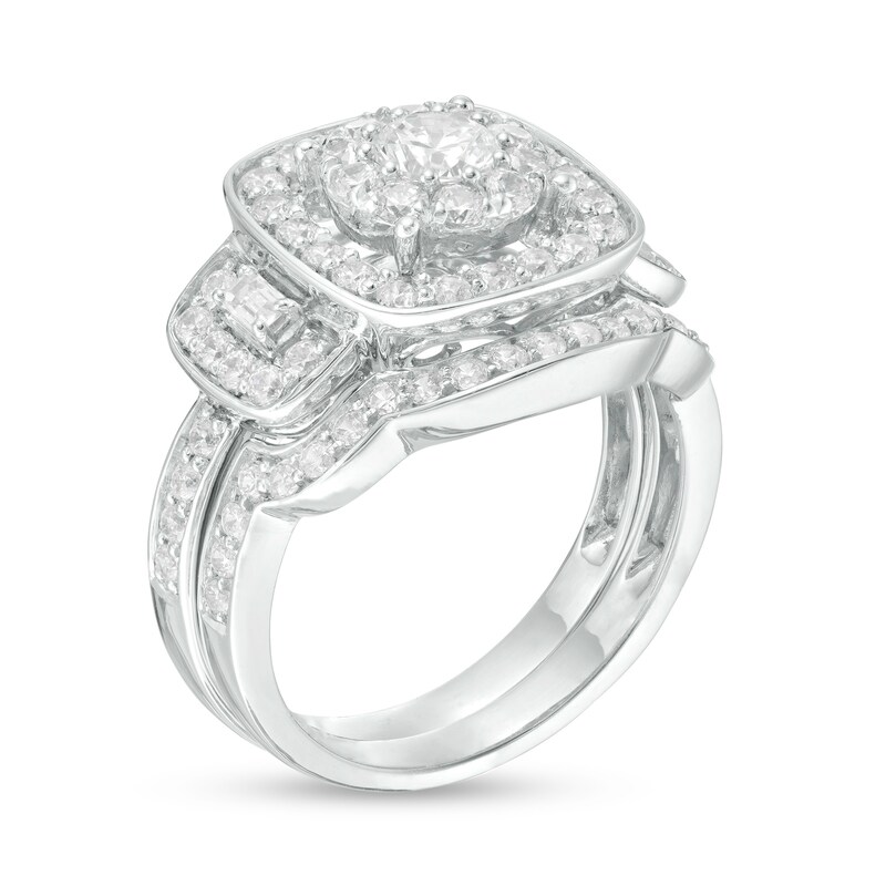 1.59 CT. T.W. Diamond Three Stone Cushion Frame Bridal Set in 10K White Gold
