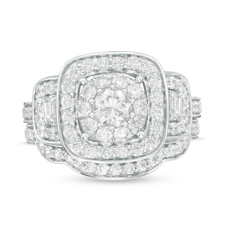 1.59 CT. T.W. Diamond Three Stone Cushion Frame Bridal Set in 10K White Gold