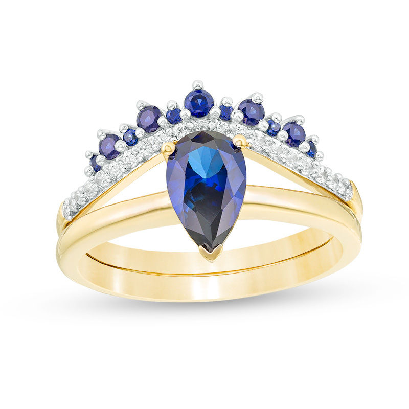 Pear-Shaped Lab-Created Blue and White Sapphire Crown Bridal Set in 10K Gold|Peoples Jewellers