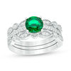 Thumbnail Image 0 of 6.5mm Lab-Created Emerald and 0.25 CT. T.W. Diamond Vintage-Style Three Piece Bridal Set in Sterling Silver