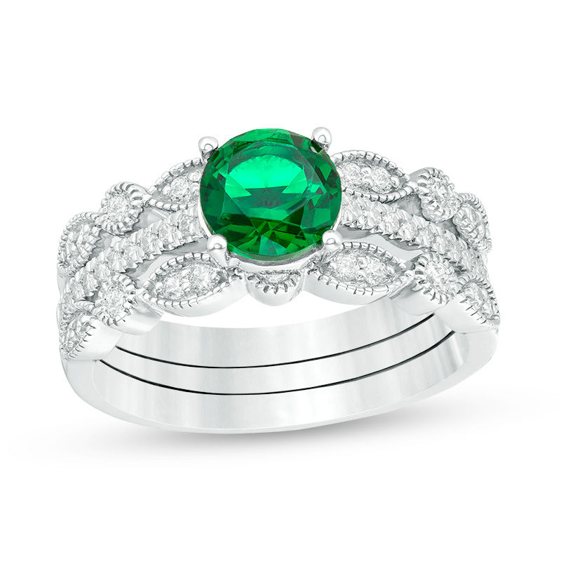 6.5mm Lab-Created Emerald and 0.25 CT. T.W. Diamond Vintage-Style Three Piece Bridal Set in Sterling Silver
