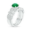 Thumbnail Image 2 of 6.5mm Lab-Created Emerald and 0.25 CT. T.W. Diamond Vintage-Style Three Piece Bridal Set in Sterling Silver