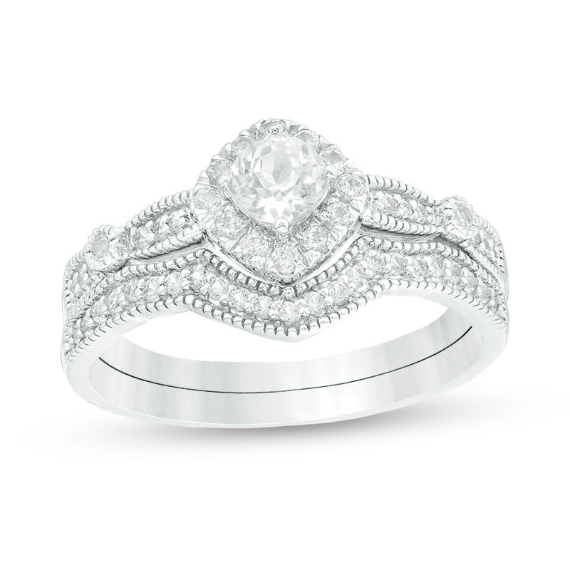 4.0mm Cushion-Cut Lab-Created White Sapphire Frame Vintage-Style Bridal Set in 10K White Gold|Peoples Jewellers