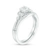 Thumbnail Image 3 of 4.5mm Lab-Created White Sapphire and 0.17 CT. T.W. Diamond Leaf-Sides Vintage-Style Bridal Set in Sterling Silver