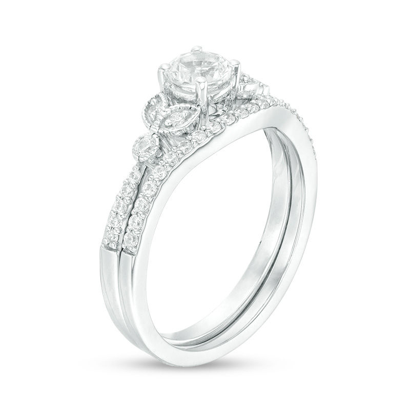 Main Image 3 of 4.5mm Lab-Created White Sapphire and 0.17 CT. T.W. Diamond Leaf-Sides Vintage-Style Bridal Set in Sterling Silver