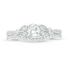Thumbnail Image 4 of 4.5mm Lab-Created White Sapphire and 0.17 CT. T.W. Diamond Leaf-Sides Vintage-Style Bridal Set in Sterling Silver