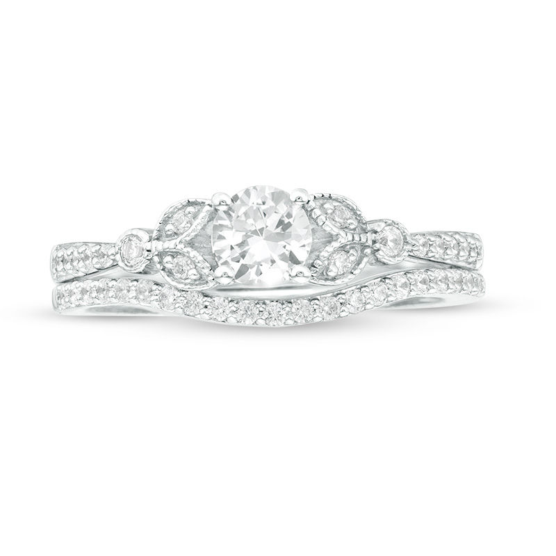 Main Image 4 of 4.5mm Lab-Created White Sapphire and 0.17 CT. T.W. Diamond Leaf-Sides Vintage-Style Bridal Set in Sterling Silver