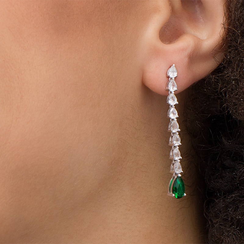 Pear-Shaped Lab-Created Emerald and White Sapphire Line Drop Earrings in Sterling Silver