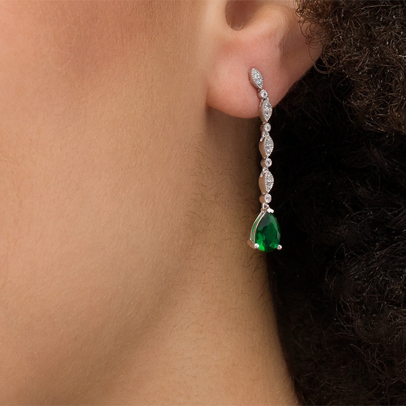Pear-Shaped Lab-Created Emerald and White Sapphire Marquise Frame Line Drop Earrings in Sterling Silver