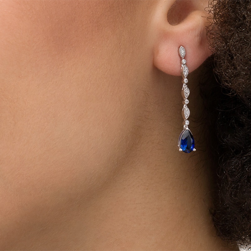 Pear-Shaped Lab-Created Blue and White Sapphire Marquise Frame Line Drop Earrings in Sterling Silver