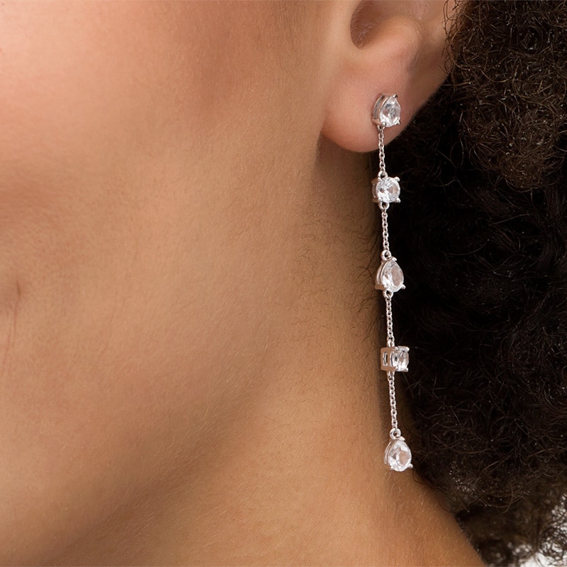 Pear-Shaped and Round Lab-Created White Sapphire Alternating Station Linear Drop Earrings in Sterling Silver