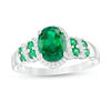 Thumbnail Image 0 of Oval Lab-Created Emerald and White Sapphire Frame Double Row Ribbon Wrap Ring in Sterling Silver