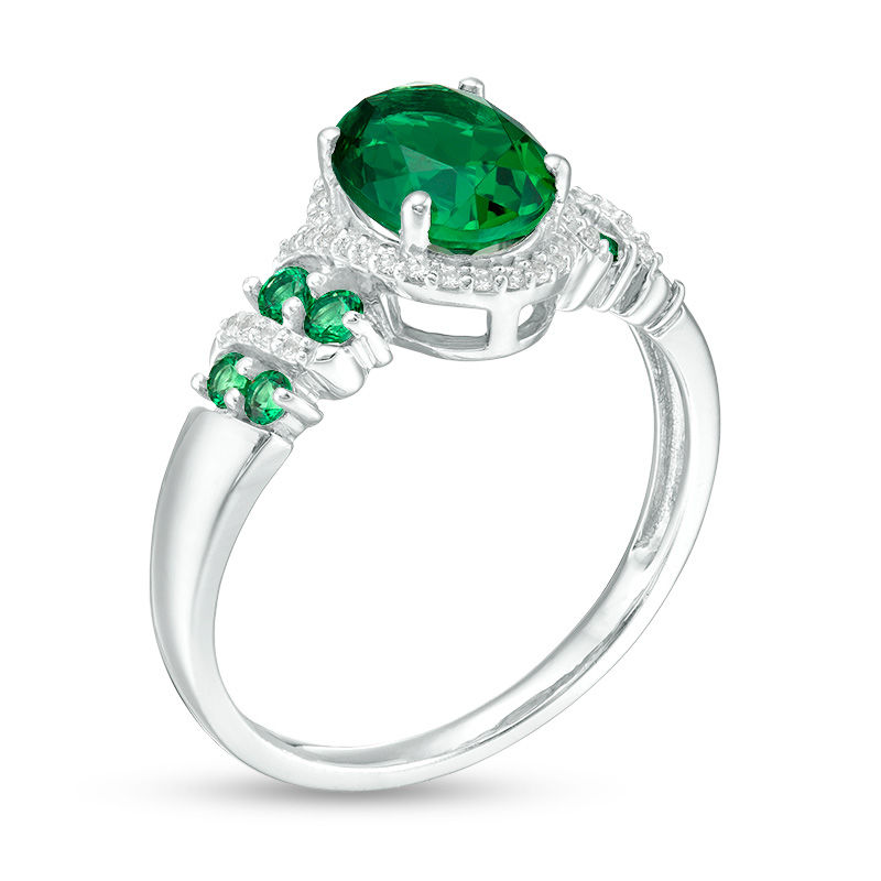 Oval Lab-Created Emerald and White Sapphire Frame Double Row Ribbon Wrap Ring in Sterling Silver
