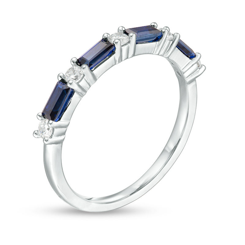 Baguette Lab-Created Blue Sapphire and 0.18 CT. T.W. Diamond Alternating Four Stone Ring in 10K White Gold