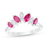 Thumbnail Image 0 of Marquise Lab-Created Ruby and Diamond Accent Alternating Four Stone Chevron Ring in Sterling Silver
