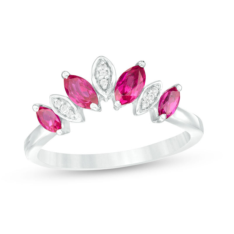 Marquise Lab-Created Ruby and Diamond Accent Alternating Four Stone Chevron Ring in Sterling Silver