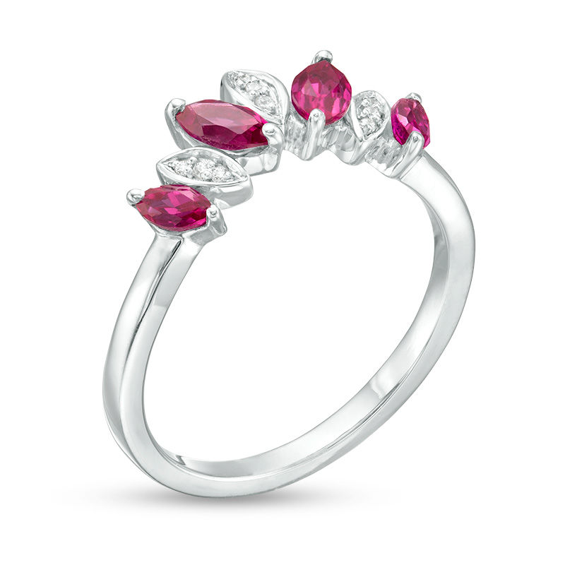 Marquise Lab-Created Ruby and Diamond Accent Alternating Four Stone Chevron Ring in Sterling Silver