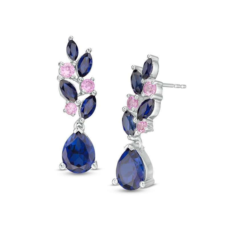 Multi-Shape Lab-Created Blue and Pink Sapphire Floral Cluster Drop Earrings in Sterling Silver