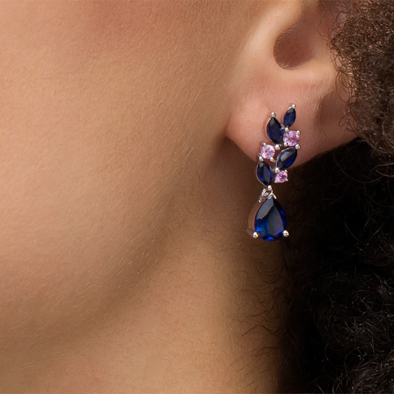 Multi-Shape Lab-Created Blue and Pink Sapphire Floral Cluster Drop Earrings in Sterling Silver