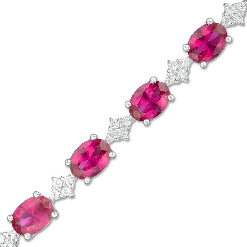 Oval Lab-Created Ruby and White Sapphire Cluster Line Bracelet in Sterling Silver - 7.25"|Peoples Jewellers