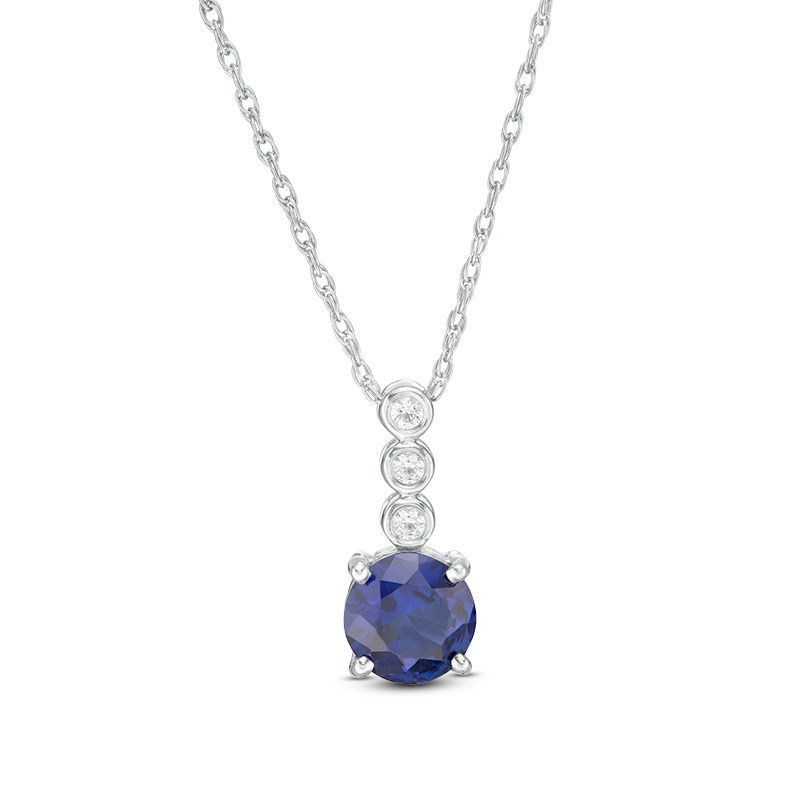 6.0mm Lab-Created Blue and White Sapphire Trio Linear Drop Pendant in Sterling Silver