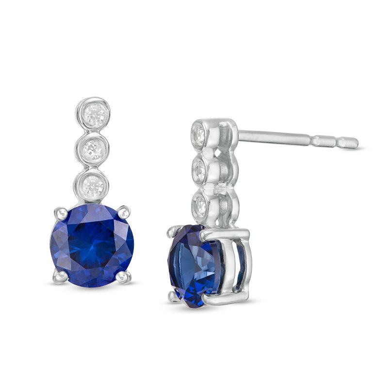 5.0mm Lab-Created Blue and White Sapphire Trio Linear Drop Earrings in Sterling Silver|Peoples Jewellers