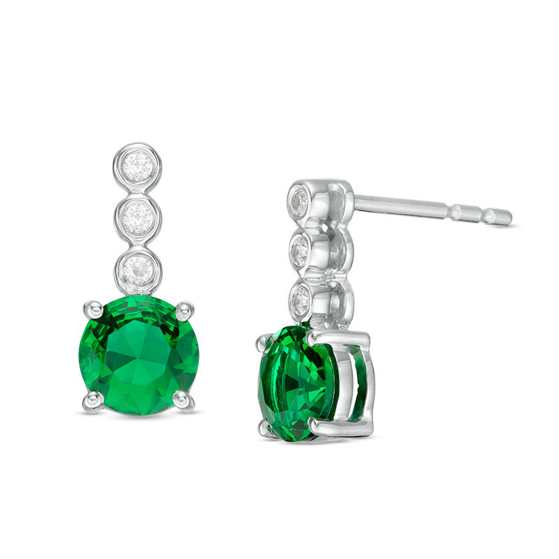 5.0mm Lab-Created Emerald and White Sapphire Trio Linear Drop Earrings in Sterling Silver|Peoples Jewellers