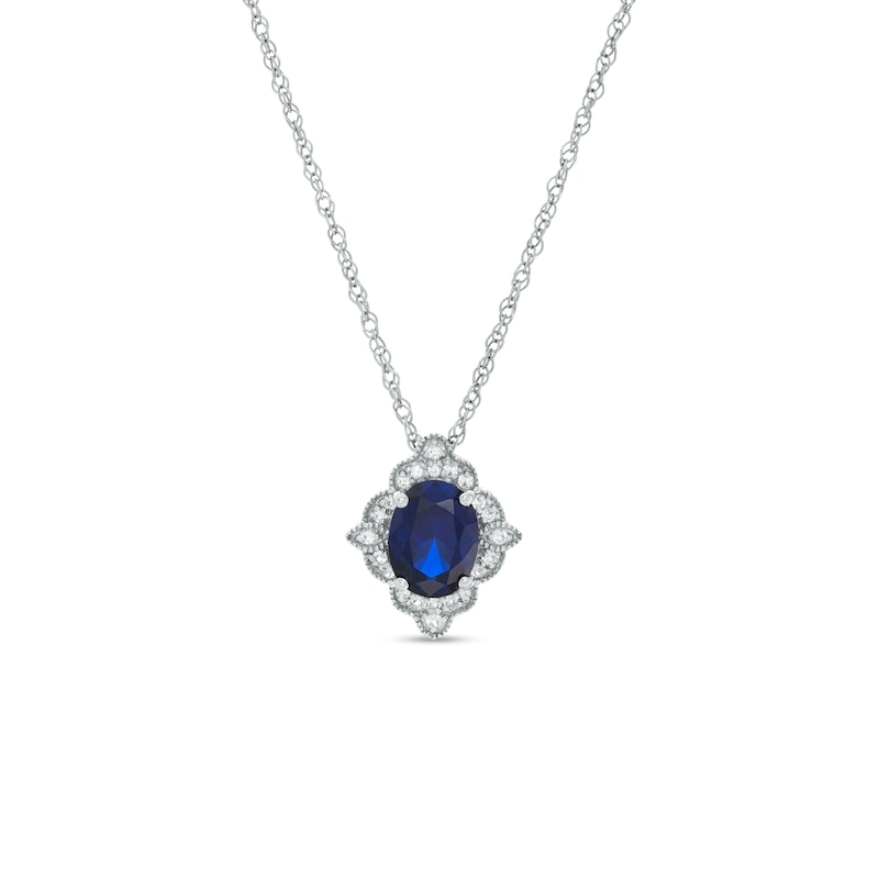 Oval Lab-Created Blue and White Sapphire Scallop Frame Vintage-Style Pendant in Sterling Silver