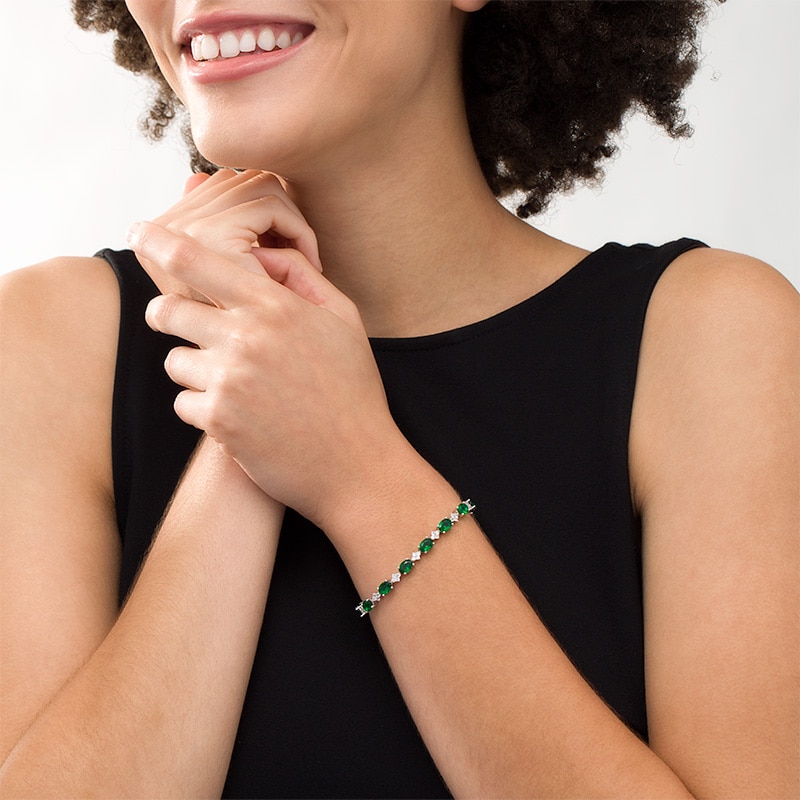 Oval Lab-Created Emerald and White Sapphire Cluster Line Bracelet in Sterling Silver - 7.25"