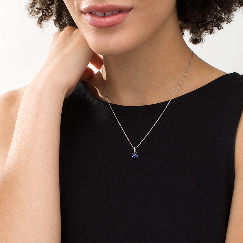 6.0mm Lab-Created Blue and White Sapphire Trio Linear Drop Pendant in Sterling Silver