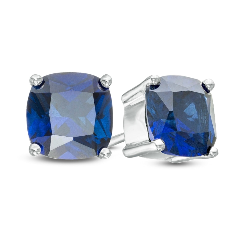 5.0mm Cushion-Cut Lab-Created Sapphire Solitaire Stud Earrings in Sterling Silver|Peoples Jewellers