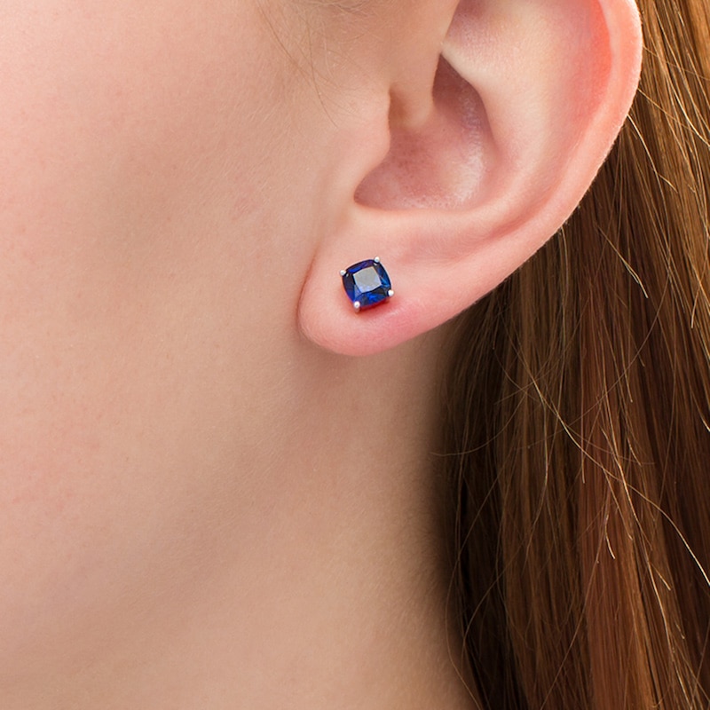 Main Image 2 of 5.0mm Cushion-Cut Lab-Created Blue Sapphire Solitaire Stud Earrings in Sterling Silver