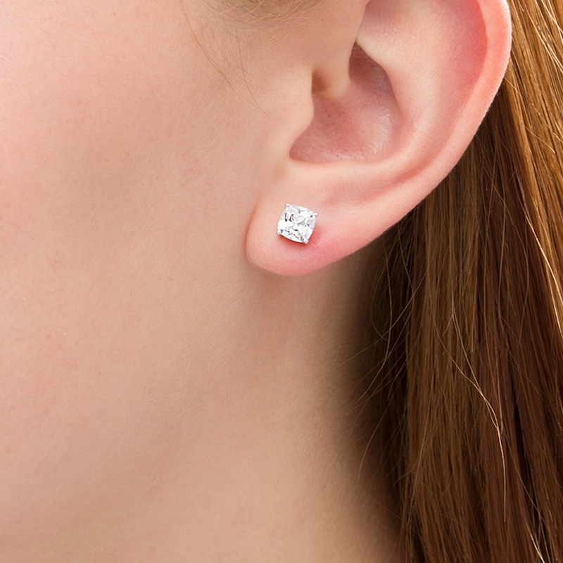 Main Image 2 of 5.0mm Cushion-Cut Lab-Created White Sapphire Solitaire Stud Earrings in Sterling Silver