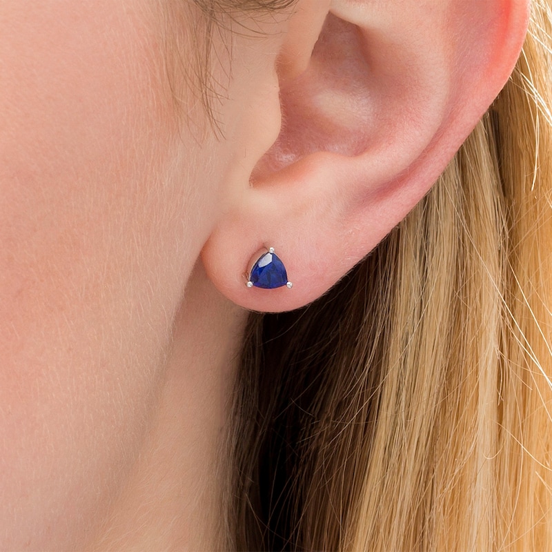 Main Image 2 of 5.0mm Trillion-Cut Lab-Created Blue Sapphire Solitaire Stud Earrings in Sterling Silver