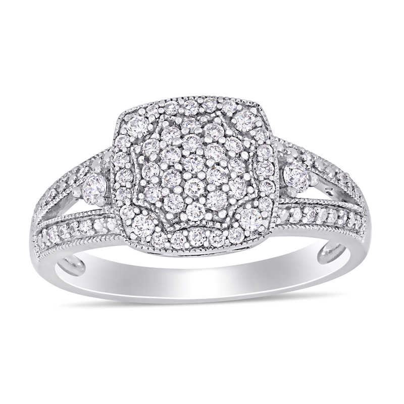 0.35 CT. T.W. Composite Diamond Cushion Frame Split Shank Vintage-Style Engagement Ring in 10K White Gold