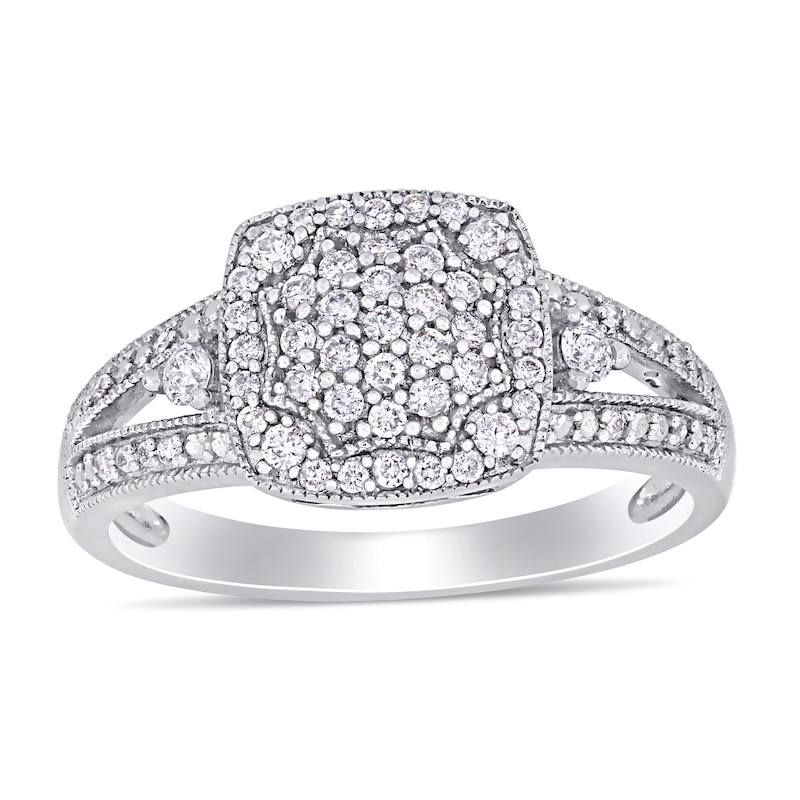 0.35 CT. T.W. Composite Diamond Cushion Frame Split Shank Vintage-Style Engagement Ring in 10K White Gold|Peoples Jewellers