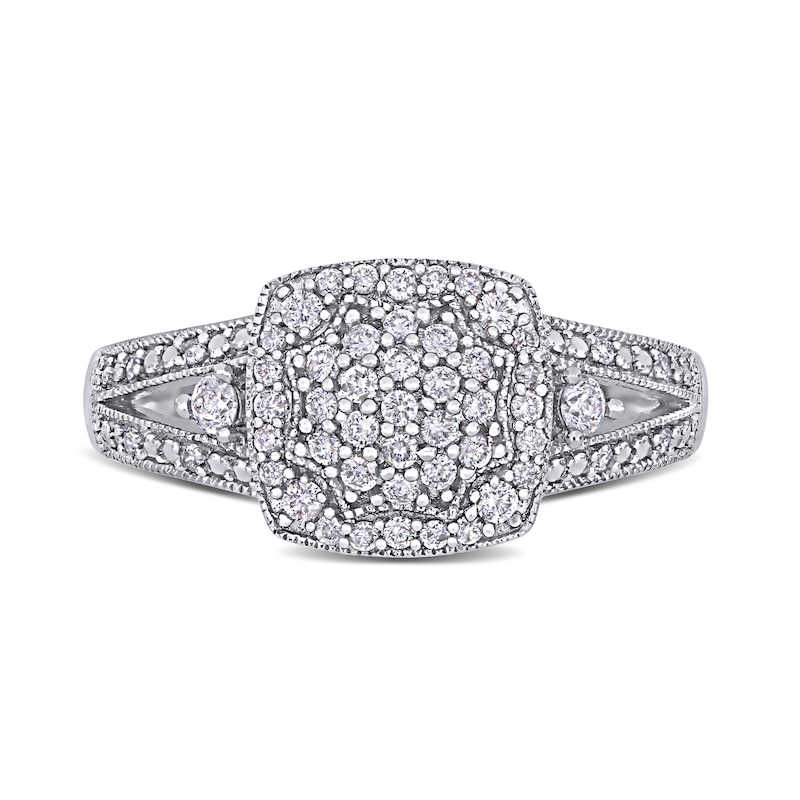 Main Image 4 of 0.35 CT. T.W. Composite Diamond Cushion Frame Split Shank Vintage-Style Engagement Ring in 10K White Gold